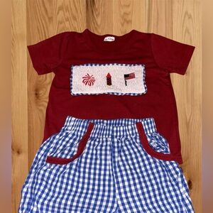 Red Graphic Tee and Blue Gingham Shorts Set